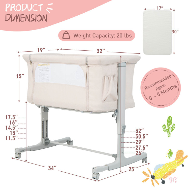 Portable Baby Bedside Bassinet with 5-level Adjustable Heights and Travel Bag-BeigeCostway Gallery View 4 of 10